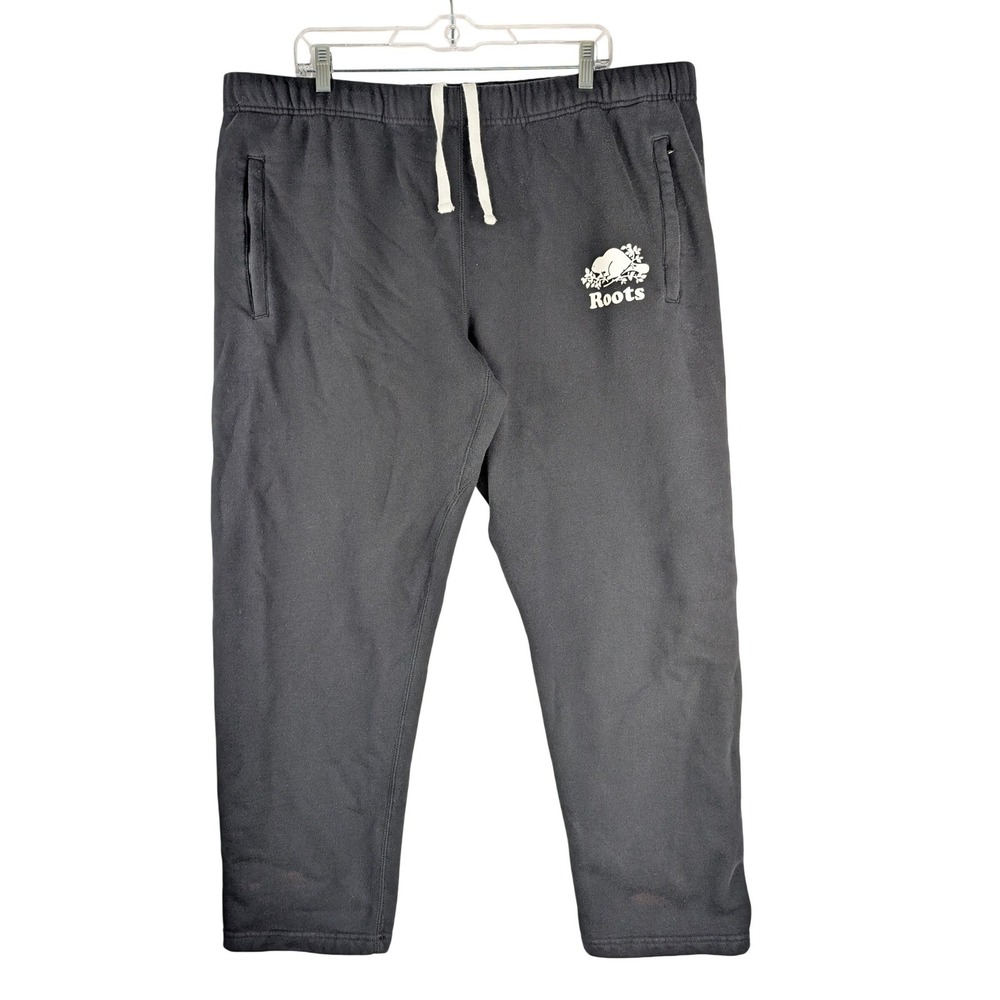 Roots Sweatpants Mens XXL Black Fleece Drawstring Zipper Pockets H19 03026